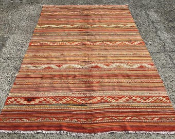 Wool Turkish Area kilim rug, Striped large Kilim Rug, Vintage kilim rug, Rug, 5’11” x 10’3”ft, oversized rug, rug for livingroom,