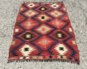 Kilim Rug, Red Turkish Kilim, Turkish Rug , Tribal kilim rug, Boho rug , 4'2"x 5'9" ft , kitchen kilim rug