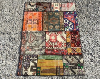 Patchwork Wool Rug: Small Turkish Doormat, Boho Hallway Decor (2'8”x 3'8"ft)