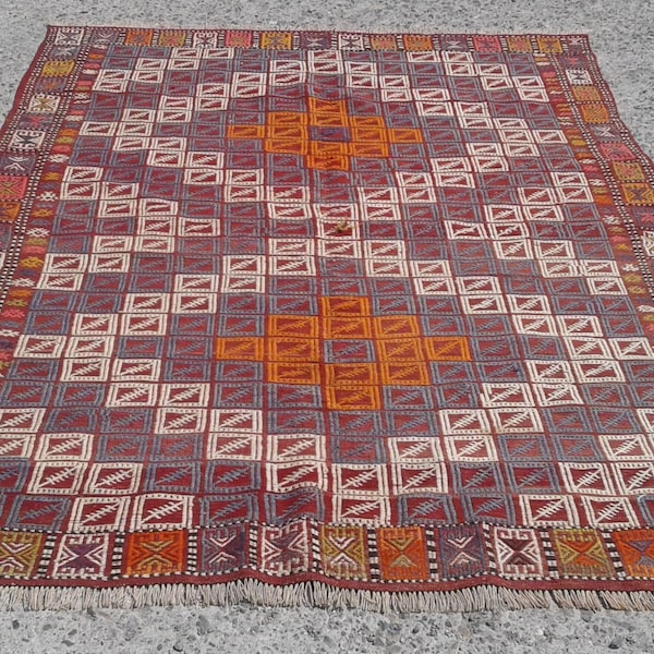 6x8 Yellow Red kilim rug, bohemian kilim, vintage kilim, Kelim teppich, 5'6" x 7'7" ft, rugs for living room,