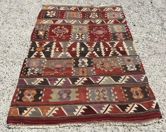 Röd kelimmatta | mattor för vardagsrum | Kelim teppich | Turkisk vintagematta | 122x183 cm | Tapis | mattor för sovrum