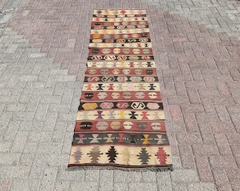 Vintage Turkish Kilim Runner Rug: Bohemian Anatolian Area Rug (2'6" x 8'3" ft)