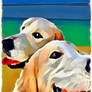 May include: Two white dogs with brown markings are looking at the camera. The dog in the foreground has its tongue sticking out. The dogs are painted in a stylized, almost cartoonish way.