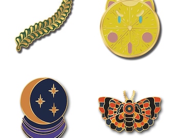 4 Pack of Hard Enamel Pins: Spring Thyme, Sour Puss, Crystal Ball, Autumn Moth