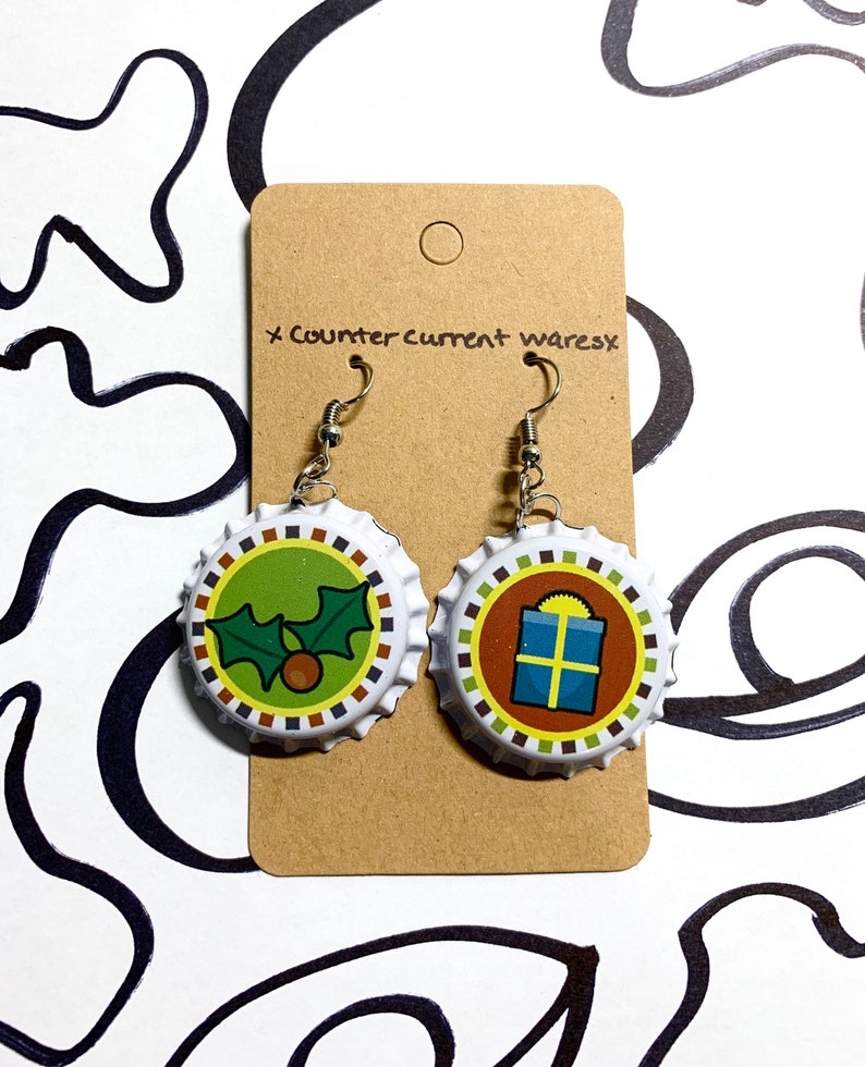 Handmade Holiday Gift and Holly Bottle Cap Fishhook Dangle Earrings