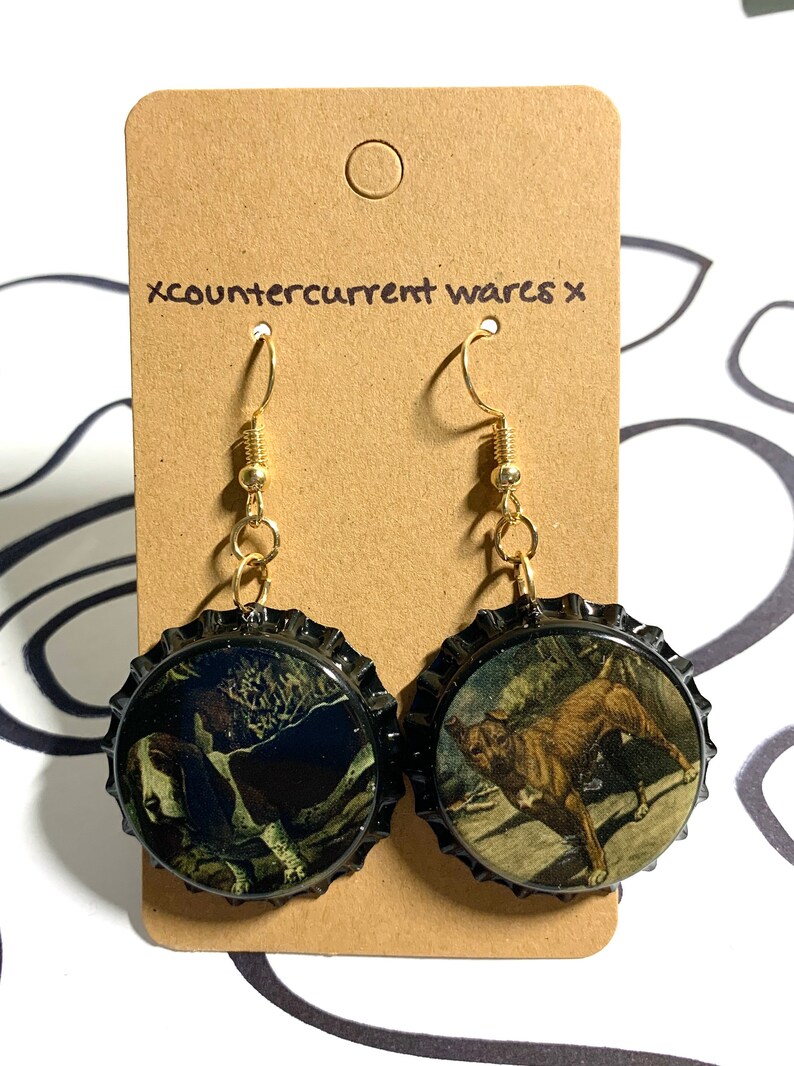 Handmade Basset Hound and Pitbull Dogs Bottle Cap Fishhook Dangle Earrings