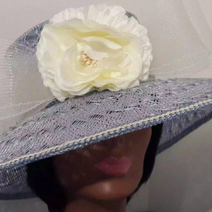 Blue church hat wide brim flower crinoline pearl bead trim derby garden tea mother's day birthday Easter Christmas beach hat