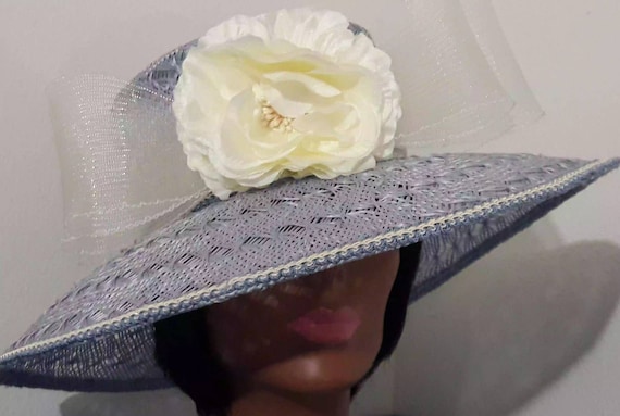 Blue Wide Brim Church Hat: Pearl, Crinoline & Silk Flower  display picture 3