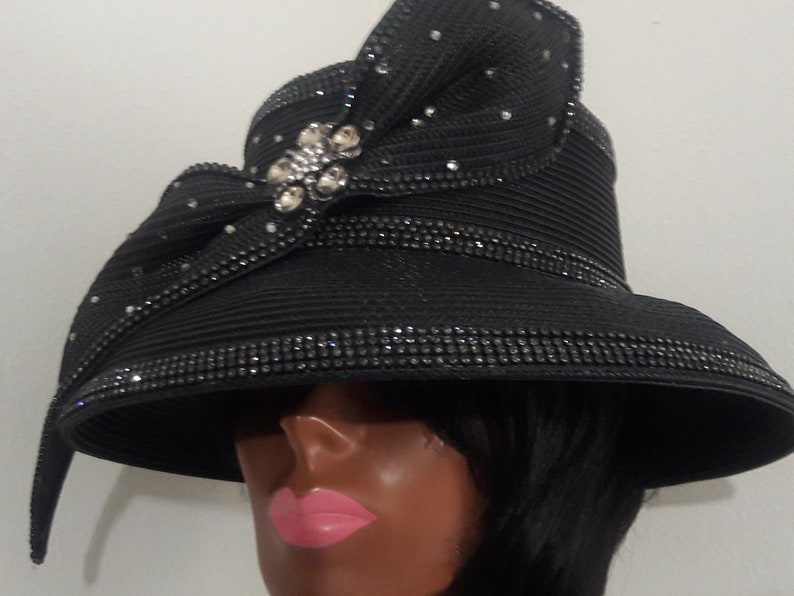 Black church hat rhinestone small brim fancy women black Etsy