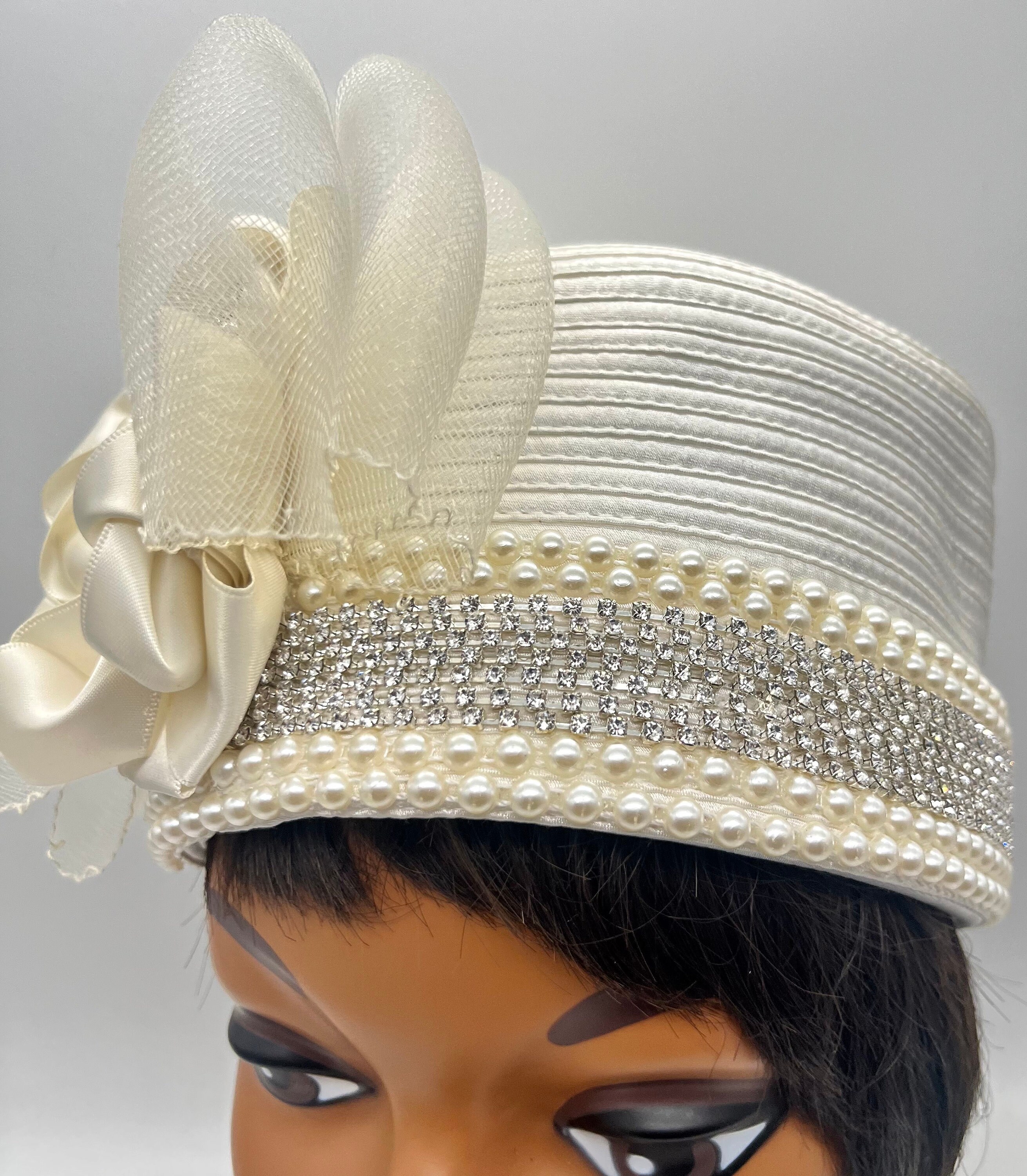 Ivory Satin Pillbox Hat: Rhinestone Brooch, Crinoline Bow - Etsy