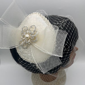 Ivory church fascinator teardrop rhinestone pearl birdcage veil brooch headband crinoline bridal birthday mom day Christmas Easter tea party