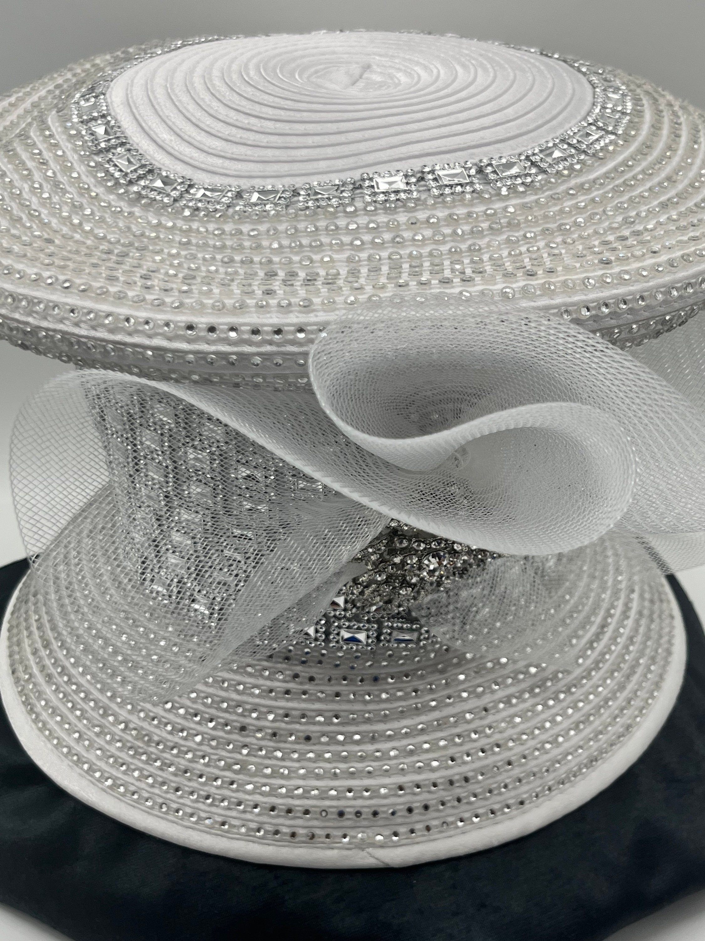 Beloved Millinery Elegant White Jeweled Ribbon Brooch Hat Church Brunch Elegant Bow Church Hat for Women, Vintage Satin Rhinestone  main image 4