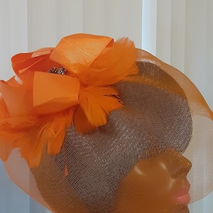 Orange church fascinator feathers brooch bowMother&#39;s Day Christmas Easter birthday COGIC Conference Convention tea garden derby party