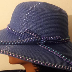Blue sun hat wide brim beach hat AB royal blue flatback bead trim garden tea derby party mother's day birthday Easter Christmas gifts