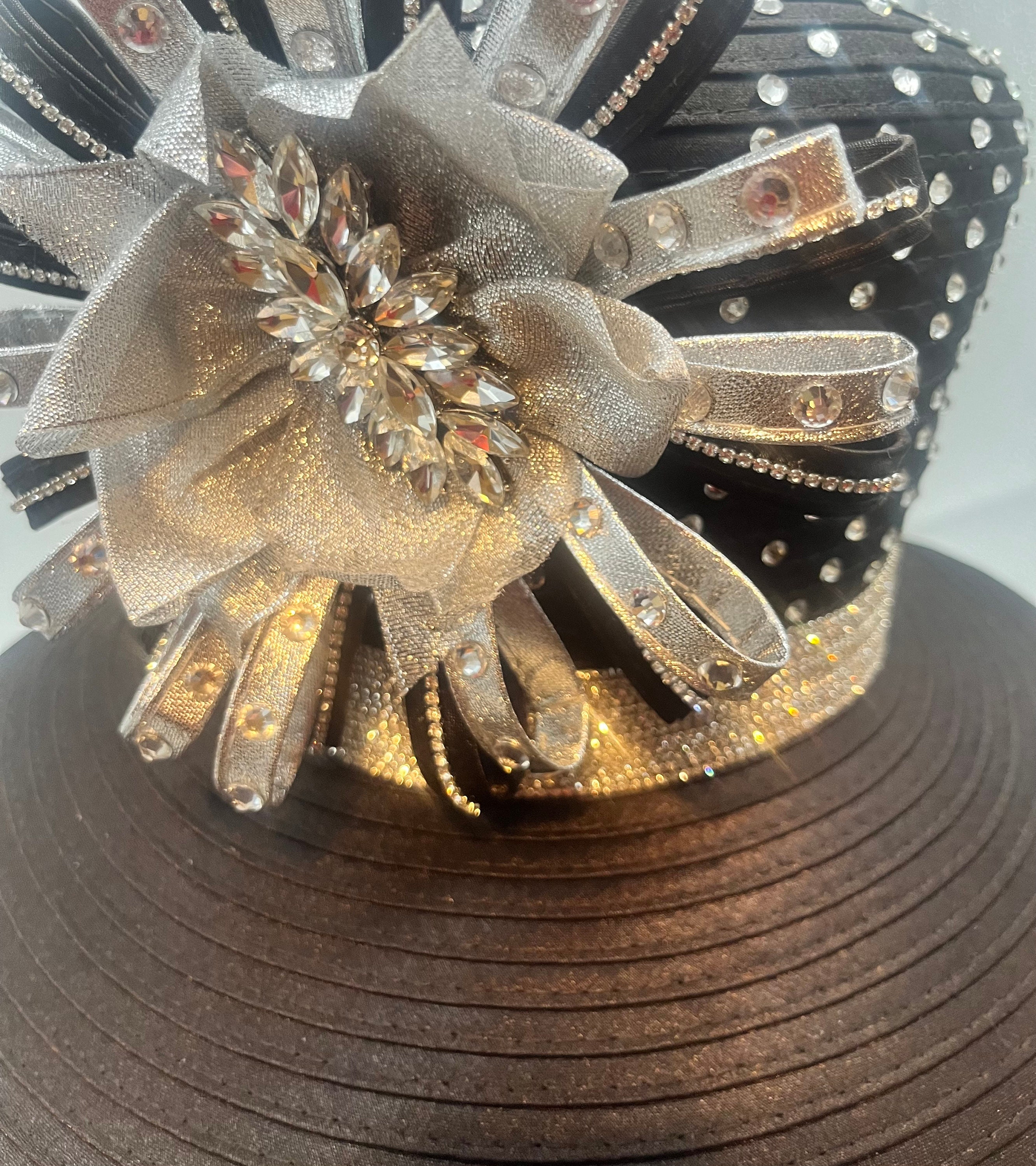 Luxury‎ Vtg Brown Fox Fur Satin Rhinestone Wide Brim Formal Church Hat Party Black Fox Fur Trimmed Wide Brim Fedora Hat By FurbySD main image 4