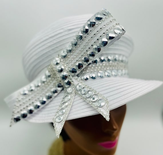 White Church Cloche Hat: Rhinestone Silver Trim, Bow Accent  display picture 1