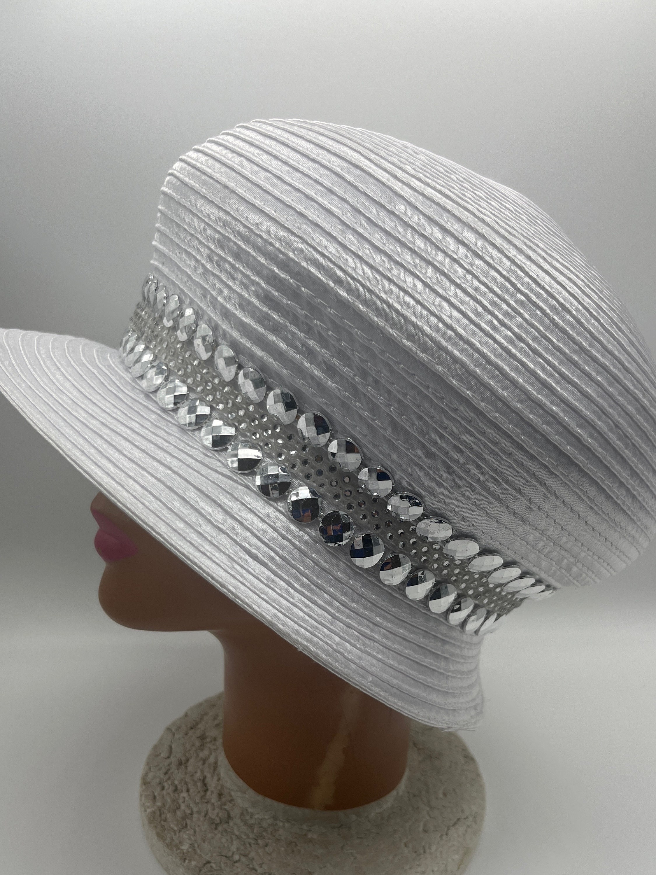White Church Cloche Hat: Rhinestone Silver Trim, Bow Accent  display picture 3