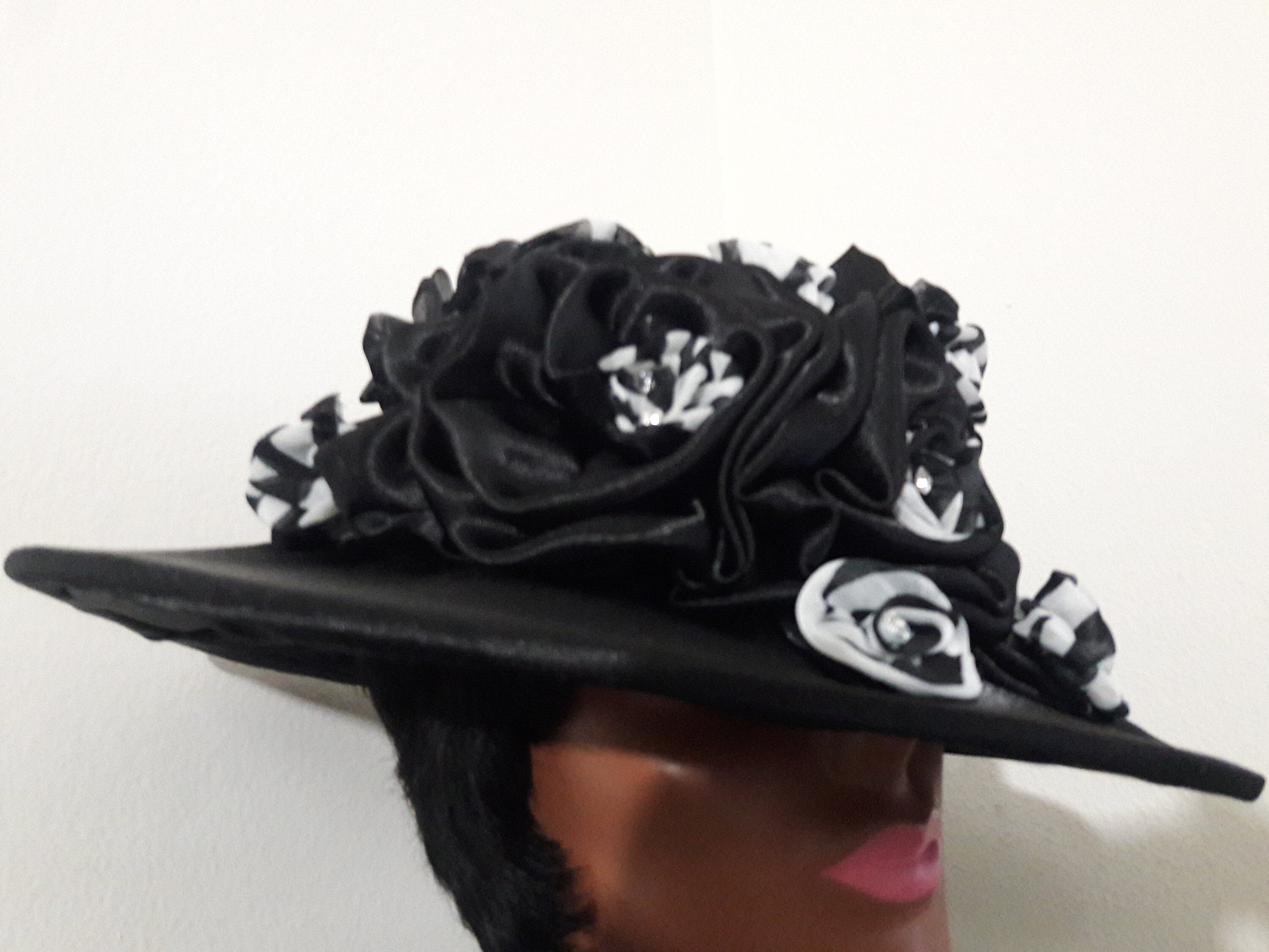Black Dress Hat Church Hat with Satin Floral Rosette One Size Adjustable Elegant Satin Cloth Flower hats for church women for main image 2