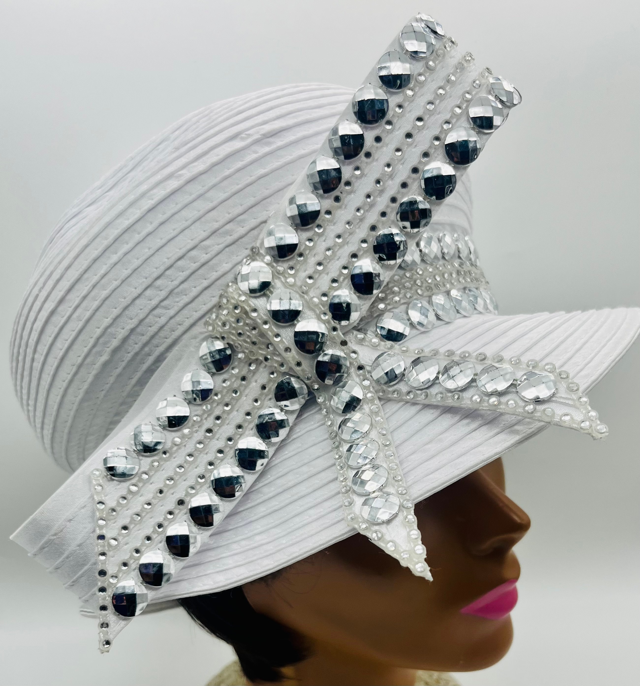 White Church Cloche Hat: Rhinestone Silver Trim, Bow Accent 