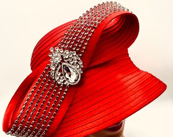 Red Derby Easter Hat Rhinestone Trim Small  Brim M22020( Red hat)Kentucky Derby hat, Wedding hat, Royal Ascot  main image 2