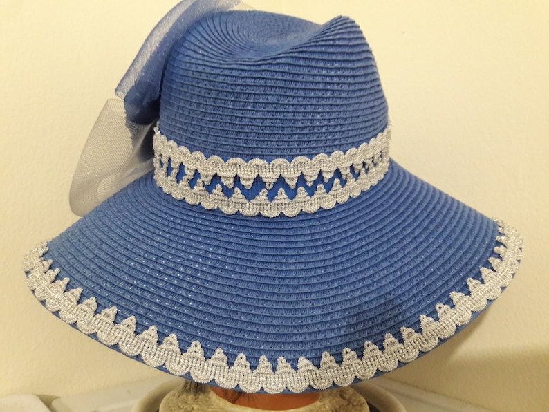 Blue wide brim sun hat silver trim crinoline flower derby birthday garden tea party summer fancy beach fancy royal blue floppy sun hat