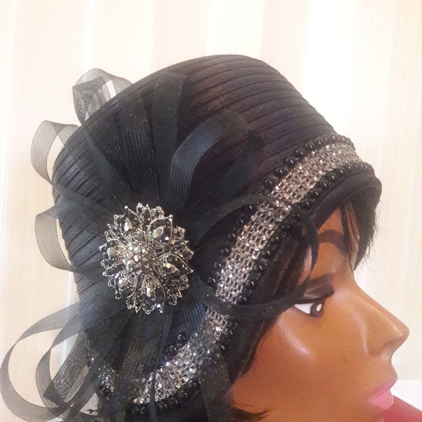 Black church hat year round metallic trim silver brooch birthday mother's day Christmas gift Easter garden derby party funeral