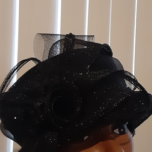 Black Crinoline Church Hat: Rhinestone Trim, Small Brim