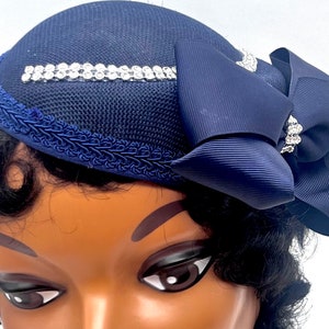 Navy Blue Church Hat: Rhinestone Bow, Wedding Guest  display picture 3