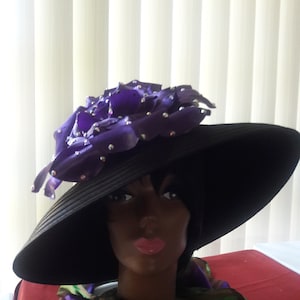 Black wide brim church hat year round rhinestones flower birthday mom day Christmas gifts derby tea Easter Cogic Conference Convention