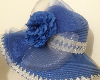 Blue floppy hat wide brim silver trim crinoline flower derby garden tea party birthday summer beach fancy blue hat Christmas Easter gift