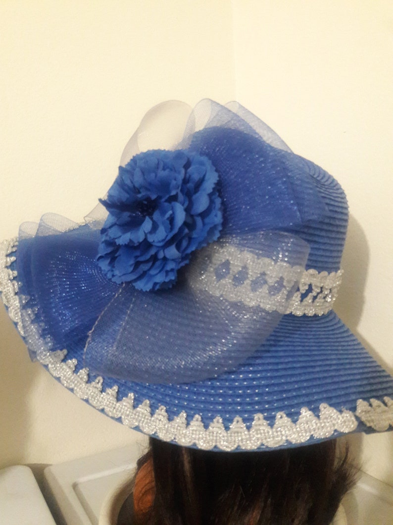 Blue wide brim sun hat silver trim crinoline flower derby birthday garden tea party summer fancy beach fancy royal blue floppy sun hat