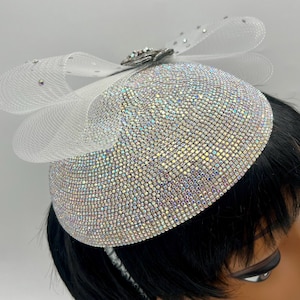 Rhinestone Pillbox Hat: Silver Brooch, Crinoline Bow