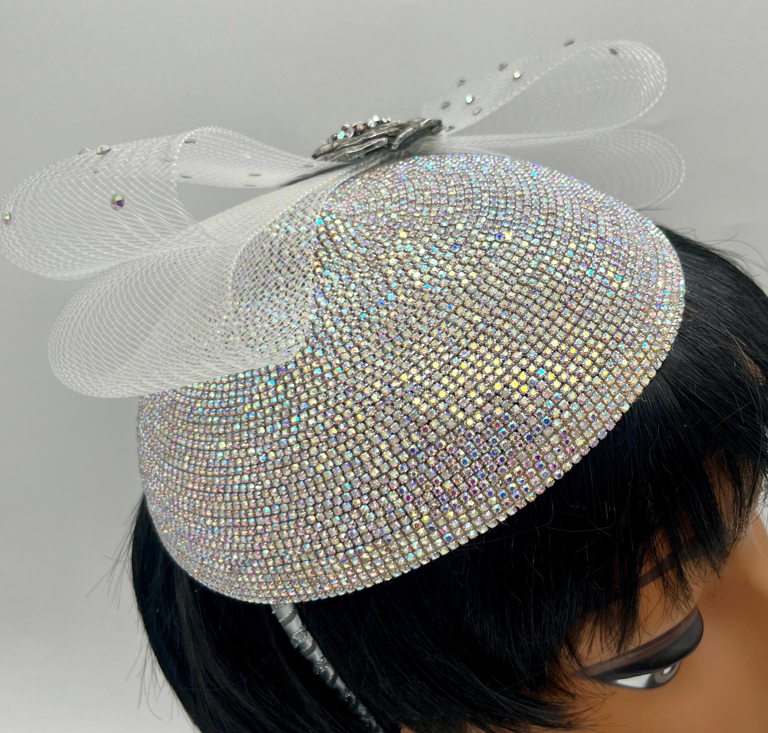 Rhinestone Pillbox Hat: Silver Brooch, Crinoline Bow - Etsy display picture 3