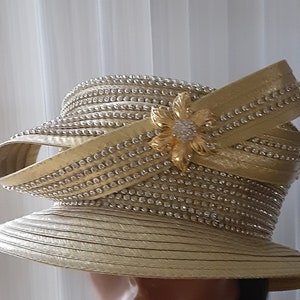 Gold church hat metallic rhinestone year round  gold brooch moms day birthday Christmas gift Easter Convention Conference COGIC