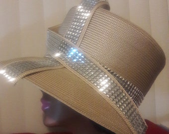 Tan church hat wide brim straw metallic silver trim derby garden tea party mother's day birthday Easter Christmas gift