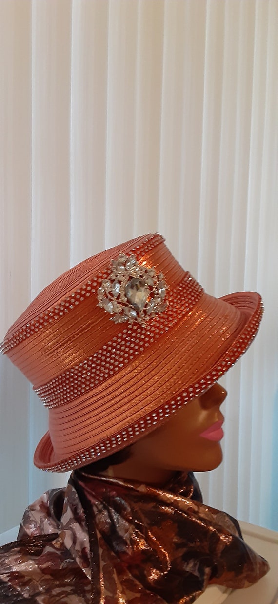 Orange Church Hat Small Brim Metallic 