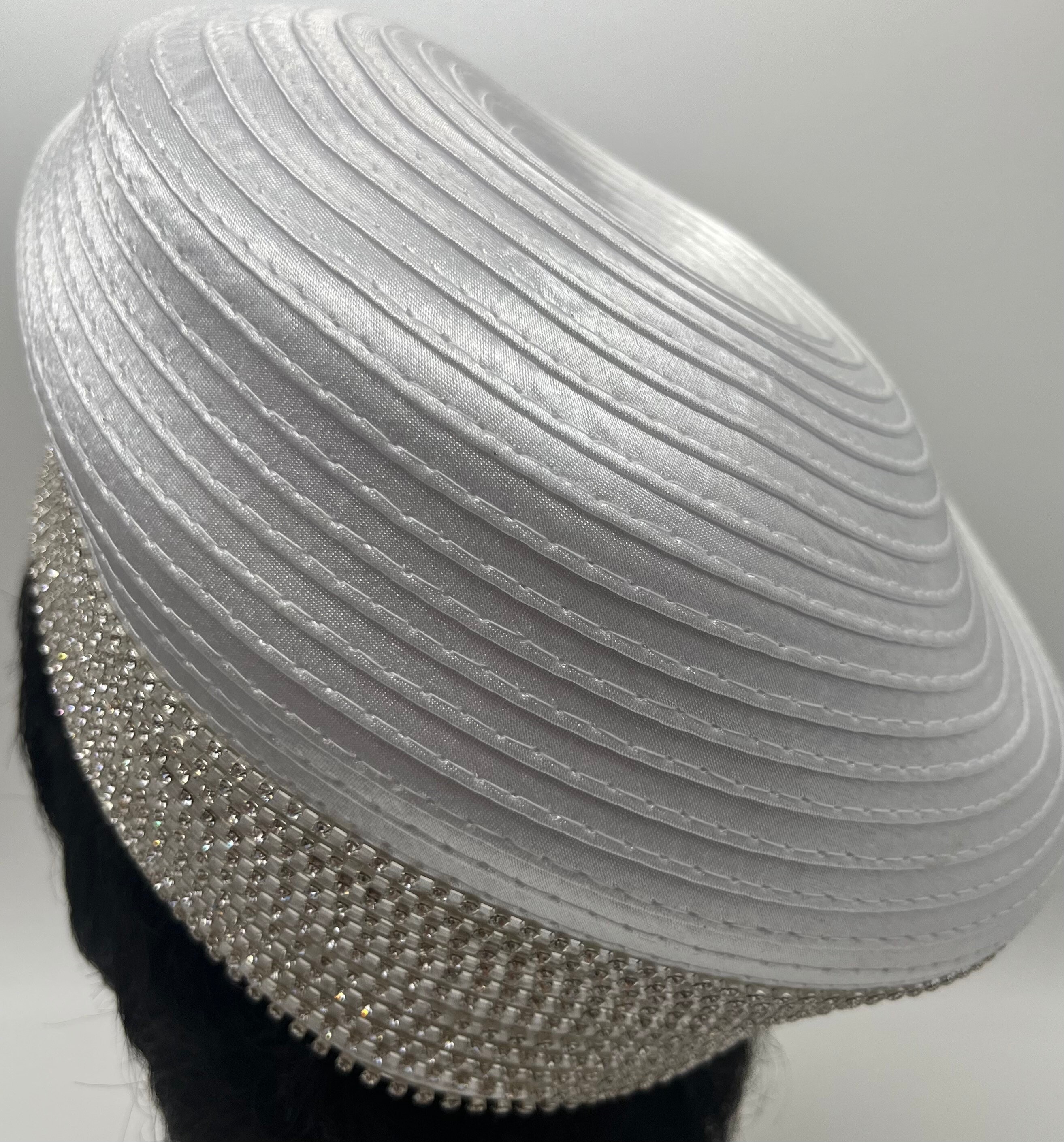 White Rhinestone Church Hat: Satin Pillbox With Silver  display picture 1