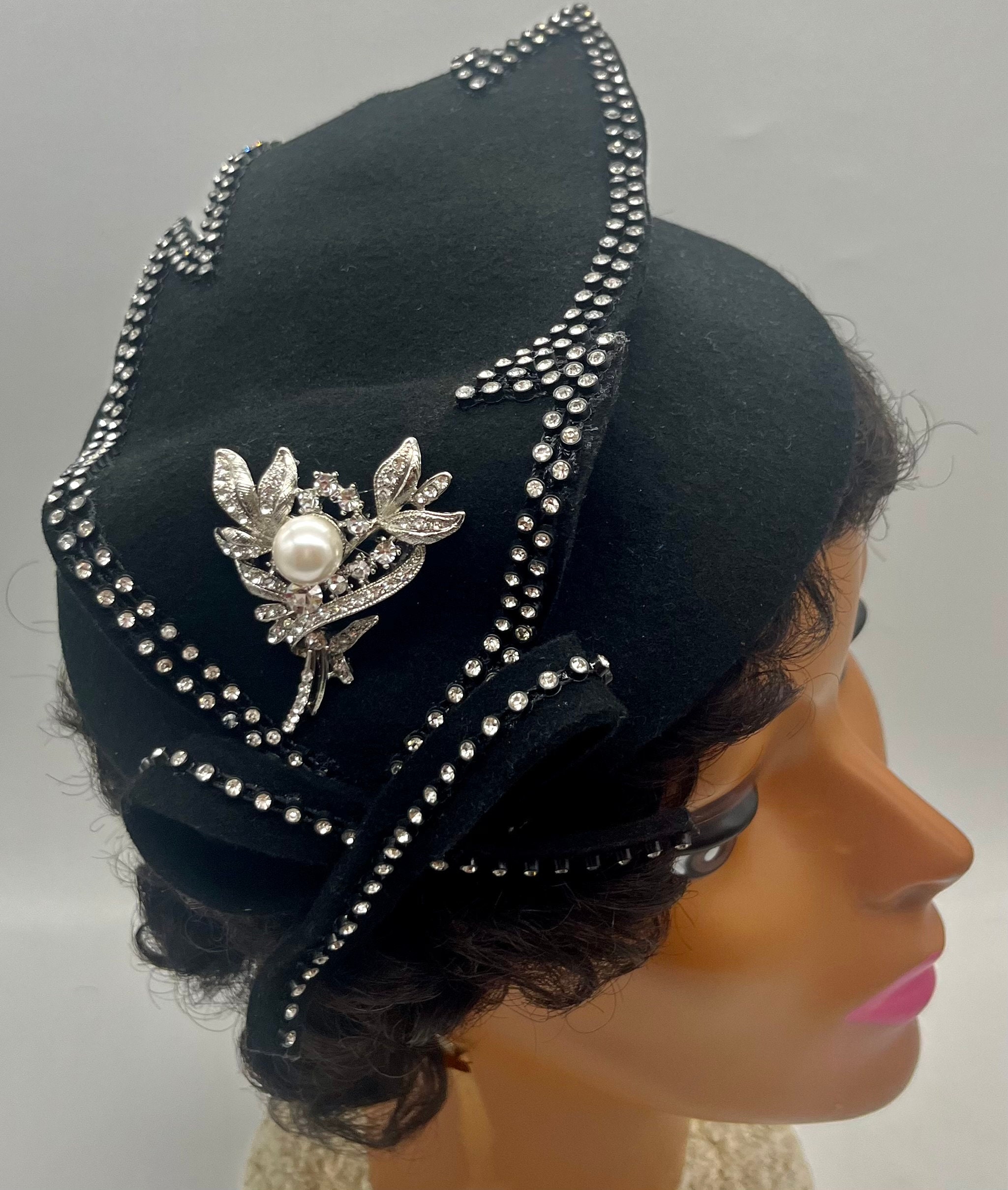 Black Wool Pillbox Hat: Rhinestone Leaf, Pearl Brooch