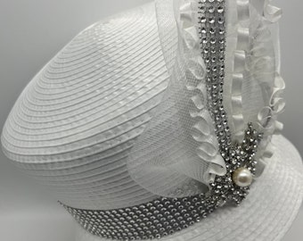 Elegant  Silvery White Women\'s Dress Hat with Rhinestone Trim White Church Cloche Hat: Rhinestone Silver Trim, Bow Accent  main image 4