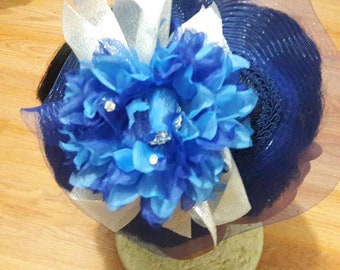 Navy blue church fascinator royal blue flower bow garden tea derby party wedding mom day birthday Easter Christmas sorority