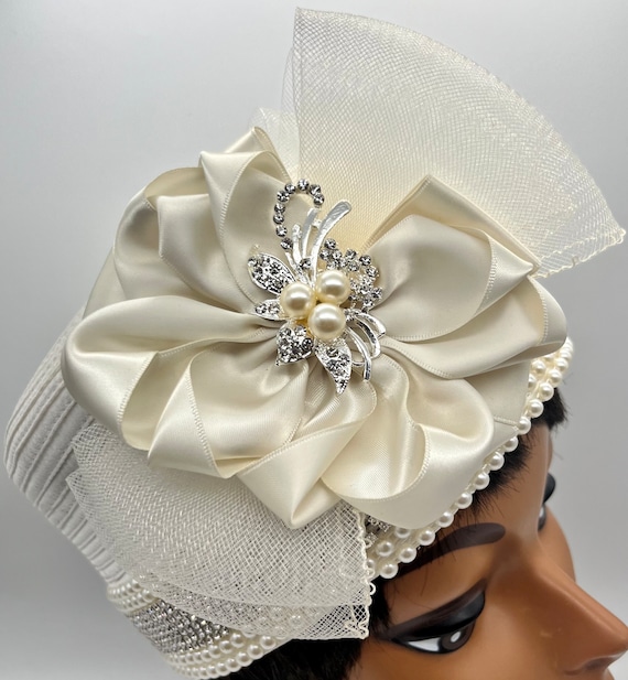 Ivory Satin Pillbox Hat: Rhinestone Brooch, Crinoline Bow - Etsy
