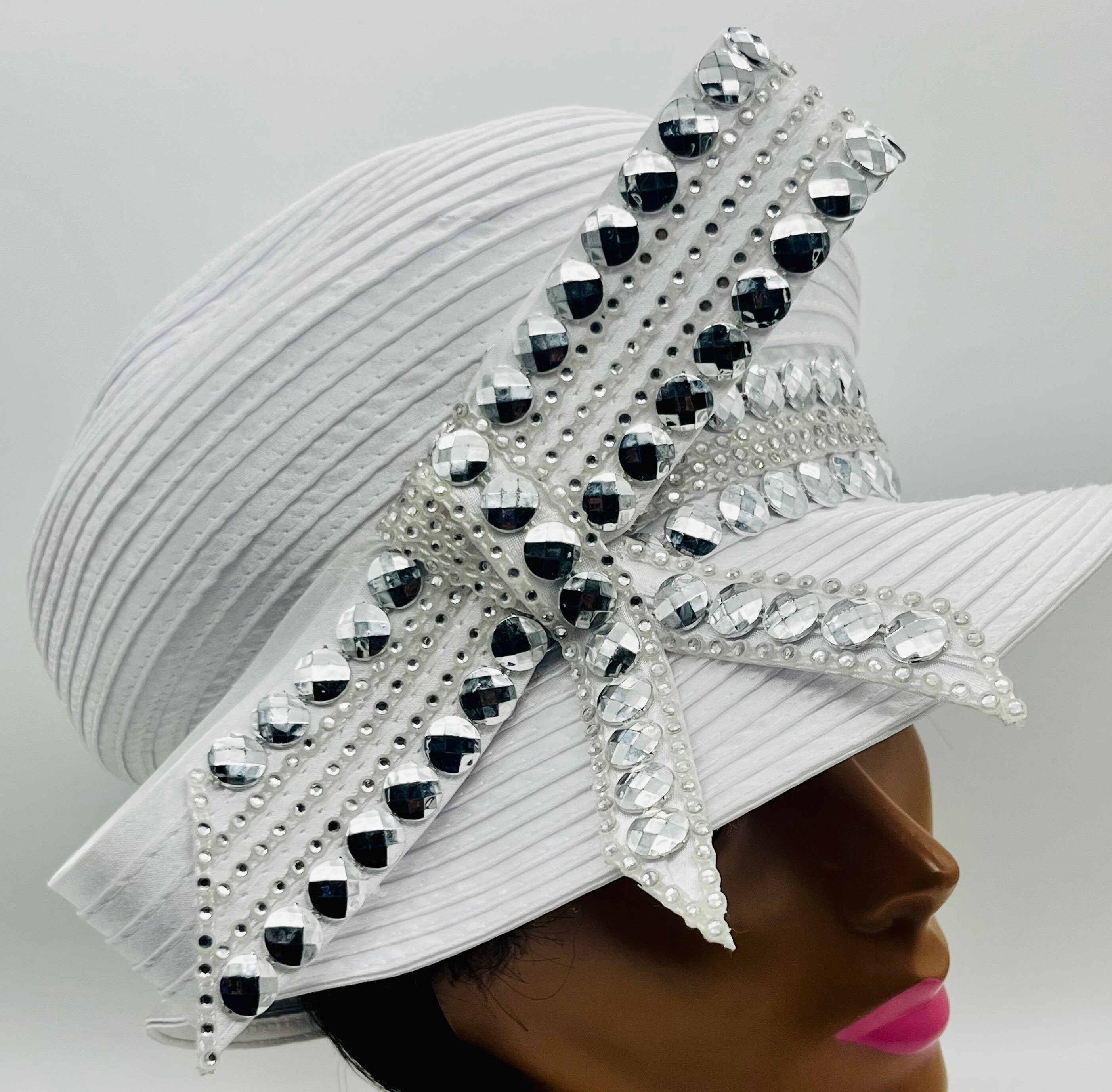 White Church Hat Year Round Rhinestone Silver Trim Cloche Birthday Christmas Mother s Day Easter Cogic Convention Conference Missionary
