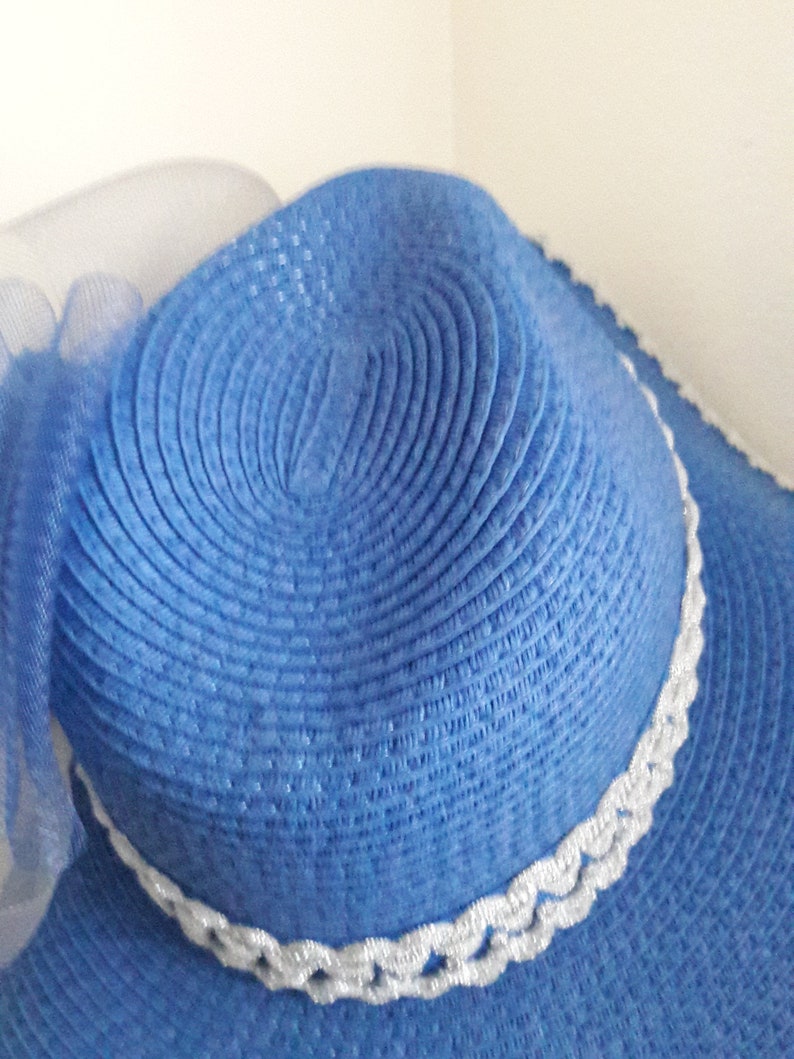 Blue wide brim sun hat silver trim crinoline flower derby birthday garden tea party summer fancy beach fancy royal blue floppy sun hat