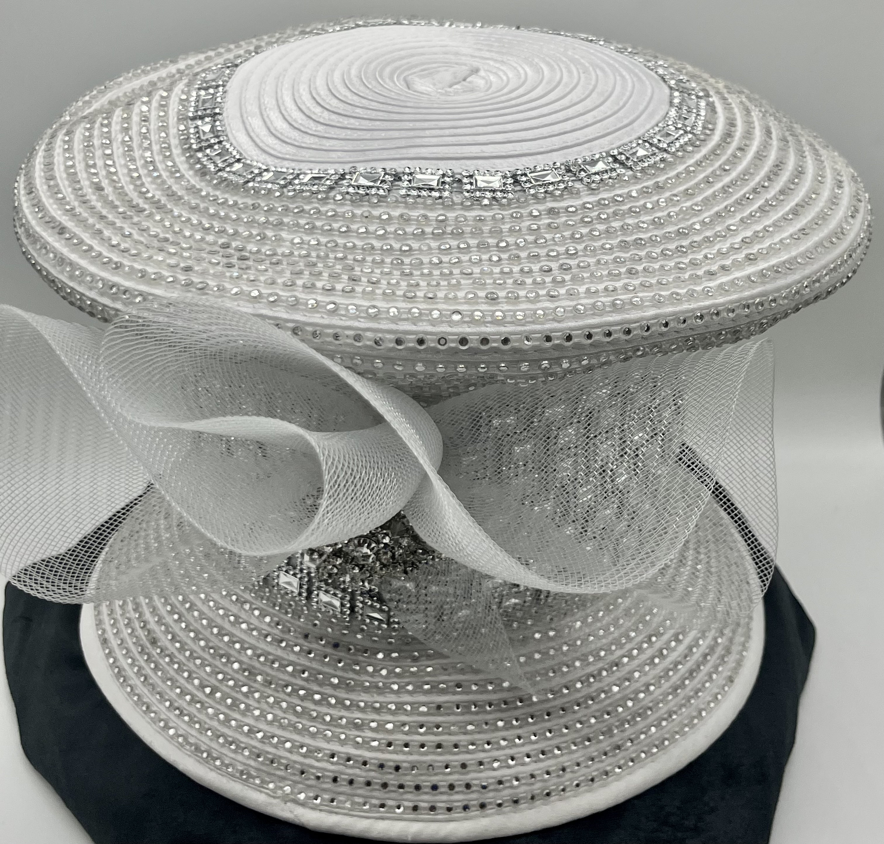 White Church Hat: Rhinestone Brooch, Silver Trim, Crinoline  display picture 2