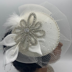 Ivory church fascinator rhinestone pearl birdcage feathers flowers crinoline year-round wedding mom day birthday Easter Christmas bridal
