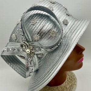 Silver Church Hat: Metallic Rhinestone Brooch, Bow Accent