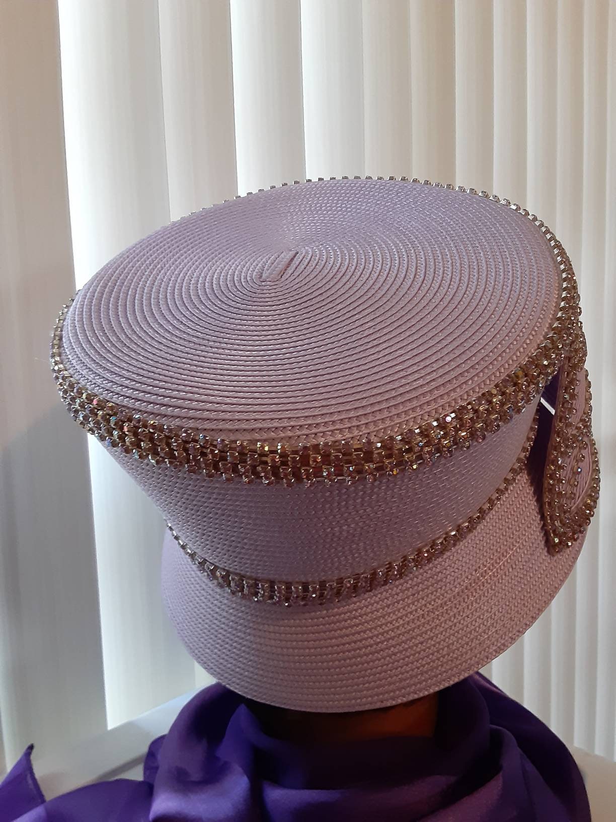 Lilac bling hat - church or special occasion with  box exquisite purple church hat adorned with elegant floral  main image 2