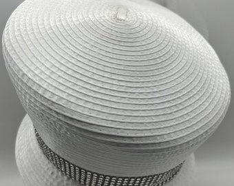 White Church Hat: Silver Trim, Rhinestone Brooch, Ruffle  display picture 3