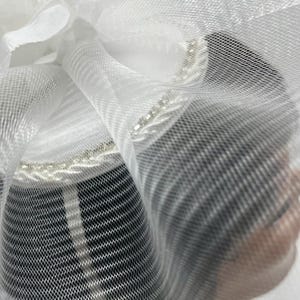 White church fascinator rhinestone pearl mini hat crinoline veil flower headband bridal wedding birthday mom day Christmas Easter tea party