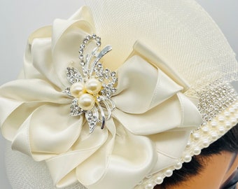 Ivory Satin Pillbox Hat: Rhinestone Brooch, Crinoline Bow - Etsy display picture 3